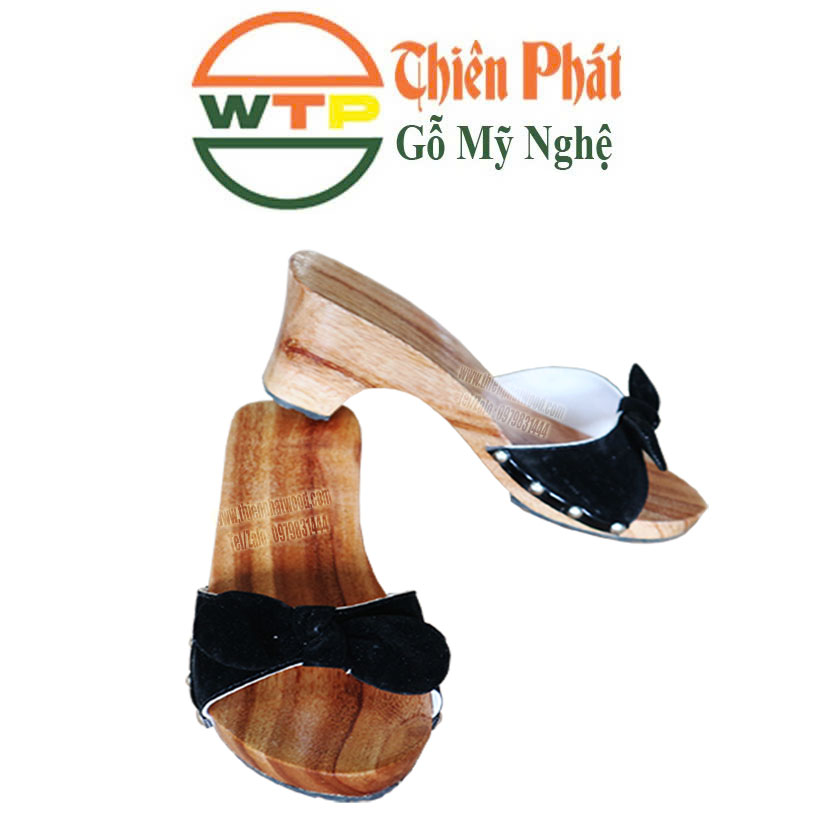 guốc mộc cao gót quai nhung đen đính nơ